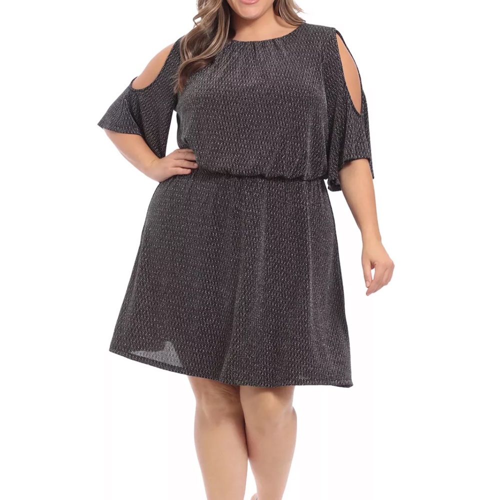 London Times Woman Black Silver Glitter knit Cold shoulder Dress